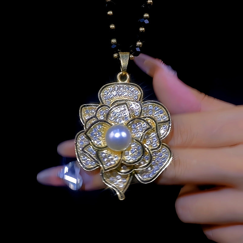 14K Gold-Plated Camellia Sweater Chain With Diamond Necklace