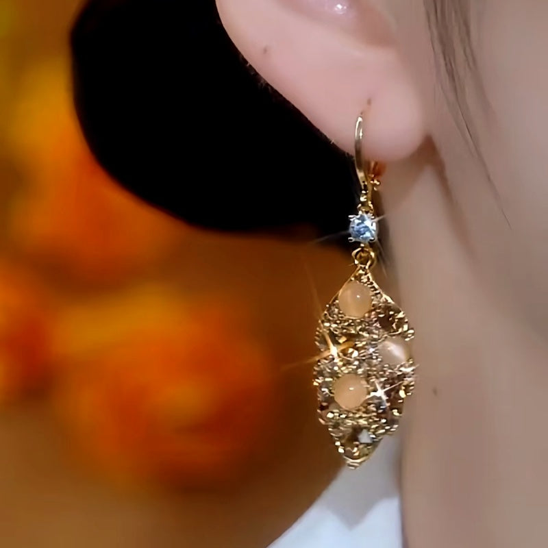14K Gold-Plated Cat's Eye Brown Diaomd Jade Leaves Earrings