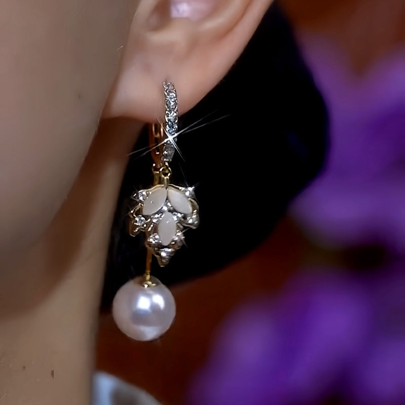 14K Gold-Plated Cat's Eye Diamond Maple Leaf Pearl Tassel Earrings