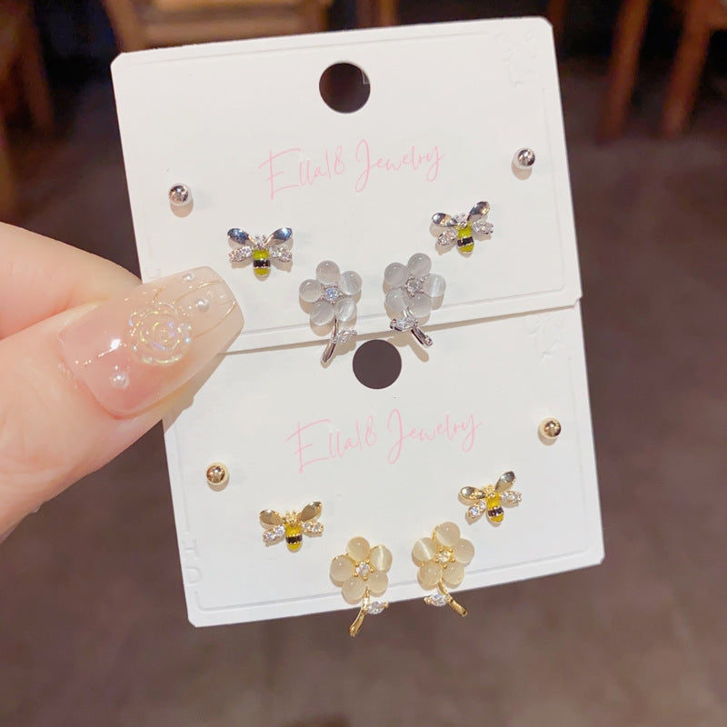 14K Gold-Plated Cat's Eye Flower Bee Three-Piece Stud Earrings