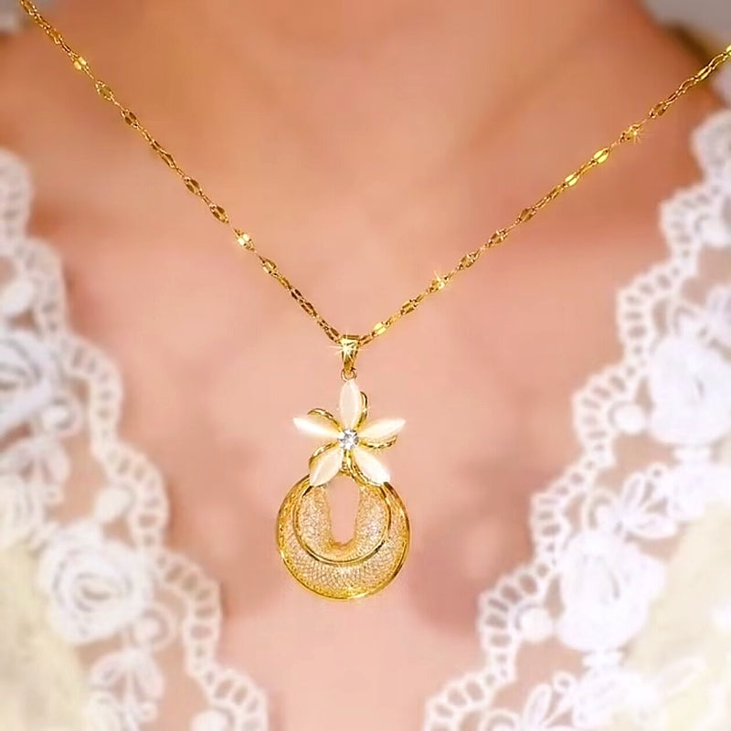 14K Gold-Plated Cat's Eye Flower Mesh Hoop Necklaces