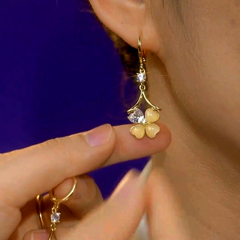 14K Gold-Plated Cat's Eye Four-Leaf Clover Earrings
