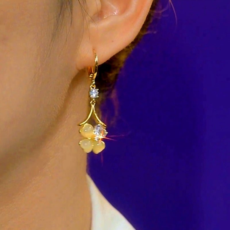 14K Gold-Plated Cat's Eye Four-Leaf Clover Earrings