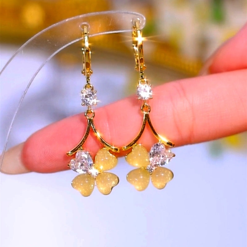 14K Gold-Plated Cat's Eye Four-Leaf Clover Earrings