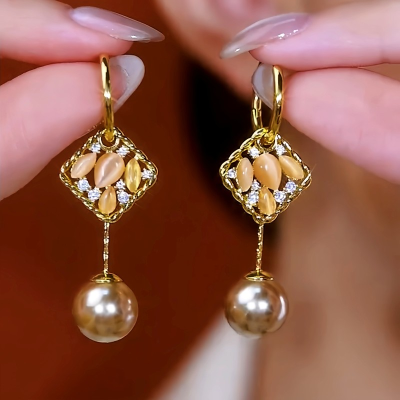 14K Gold-Plated Cat's Eye Geometric Tassel Champagne Bead Earrings