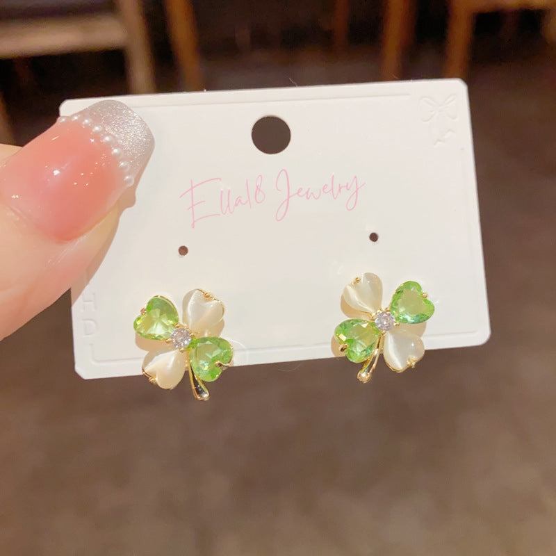 14K Gold-Plated Cat's Eye Green Four-Leaf Flower Earrings
