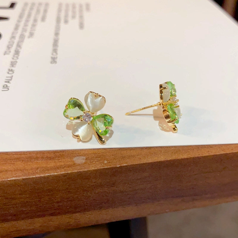 14K Gold-Plated Cat's Eye Green Four-Leaf Flower Earrings