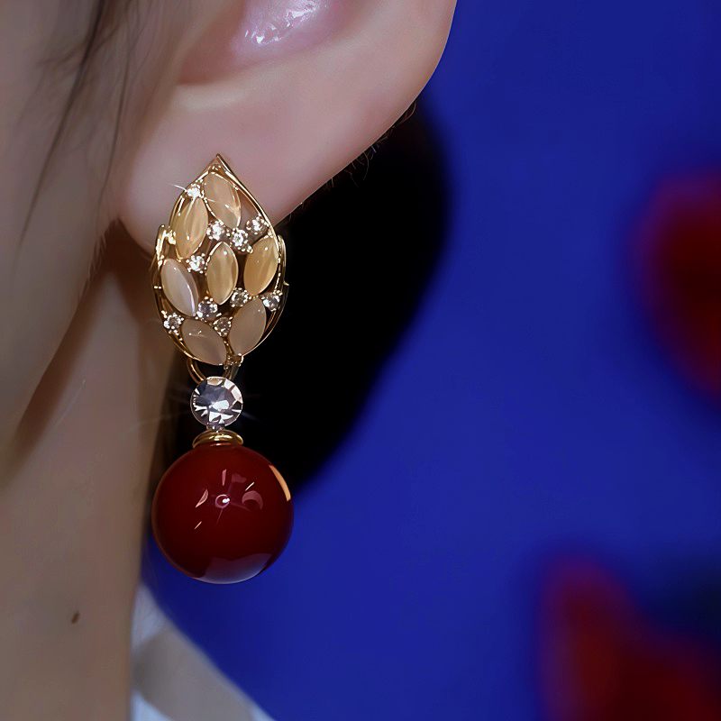 14K Gold-Plated Cat's Eye Leaf Pearl Earrings