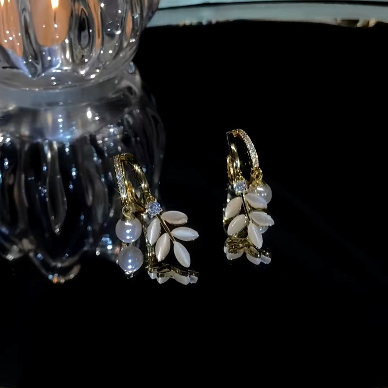 14K Gold-Plated Cat's Eye Leaf Pearl Earrings