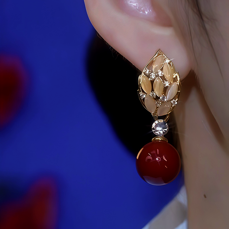 14K Gold-Plated Cat's Eye Leaf Pearl Earrings