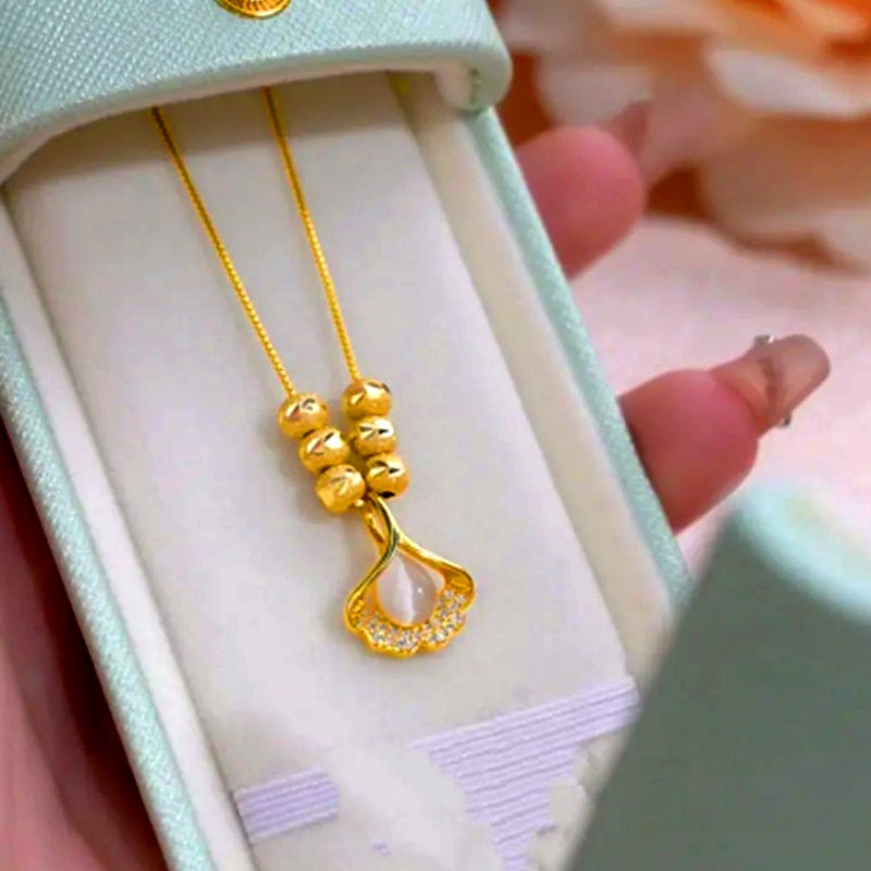 14K Gold-Plated Cat's Eye Stone Bead Leaf Earrings