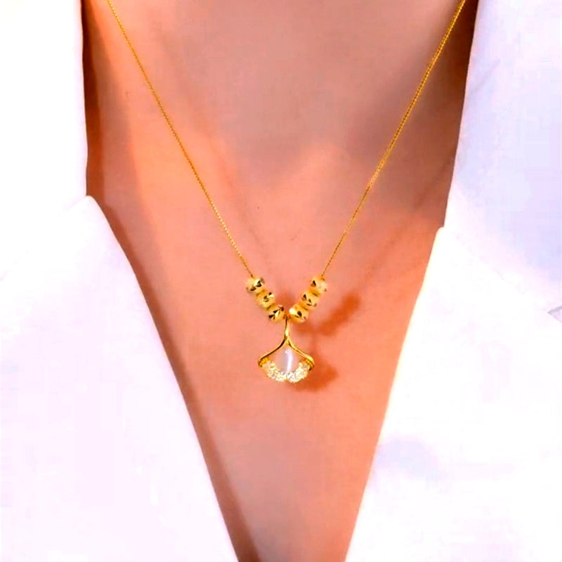 14K Gold-Plated Cat's Eye Stone Bead Leaf Earrings