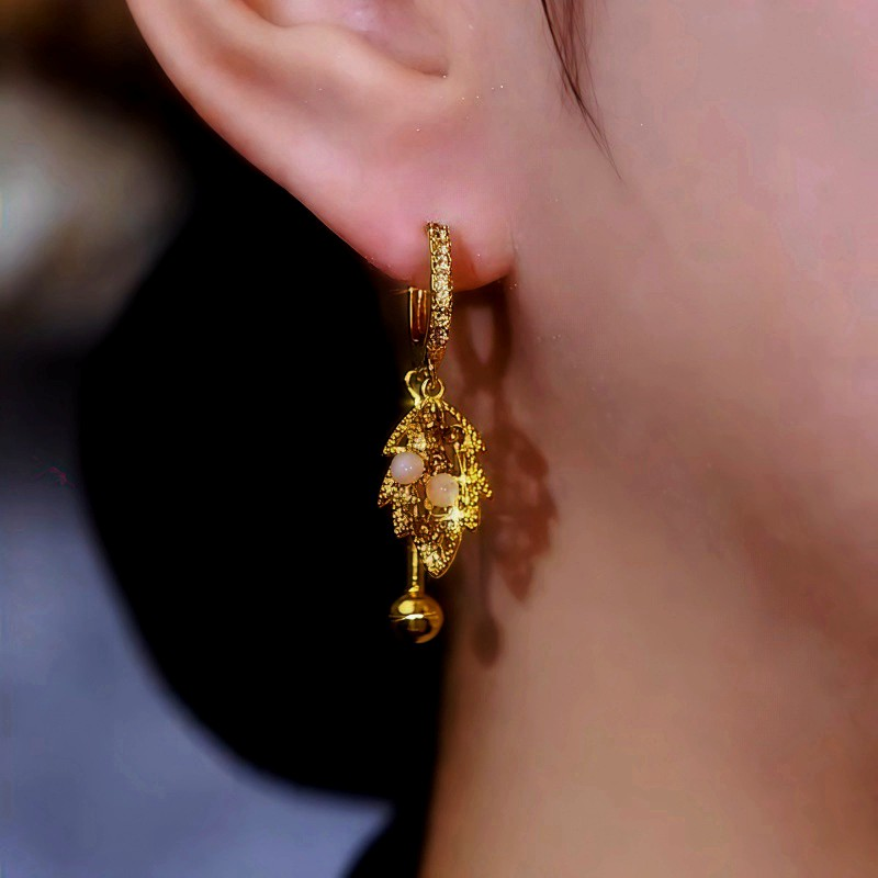 14K Gold-Plated Cat's Eye Stone Brown Diamond Leaf Earrings