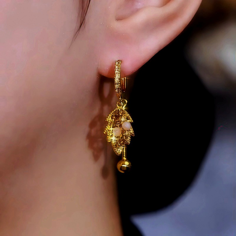 14K Gold-Plated Cat's Eye Stone Brown Diamond Leaf Earrings