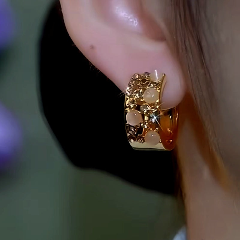 14K Gold-Plated Cat's Eye Stone Brown Diamond Wide Hoop Earrings