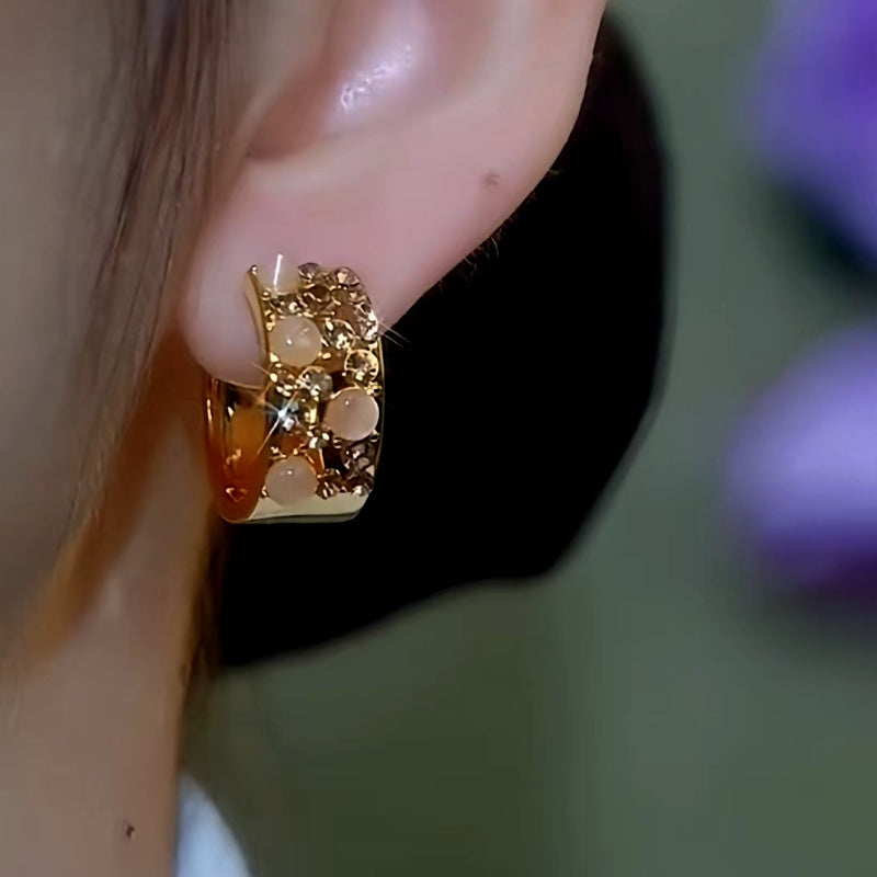 14K Gold-Plated Cat's Eye Stone Brown Diamond Wide Hoop Earrings