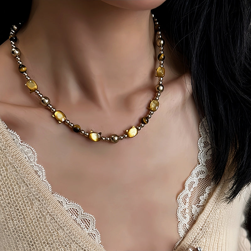 14K Gold-Plated Cat's Eye Stone Cat Pearl Necklace