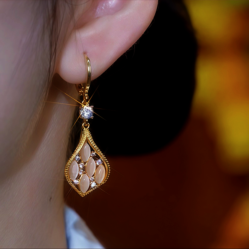 14K Gold-Plated Cat's Eye Stone Diamond Earrings