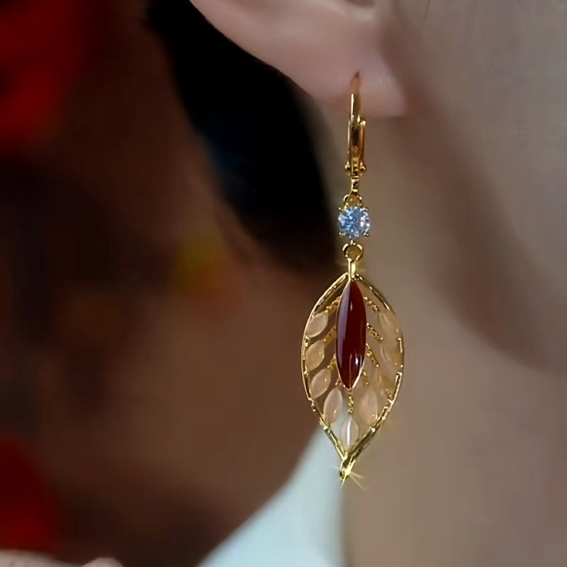 14K Gold-Plated Cat's Eye Stone Diamond Leaf Earrings