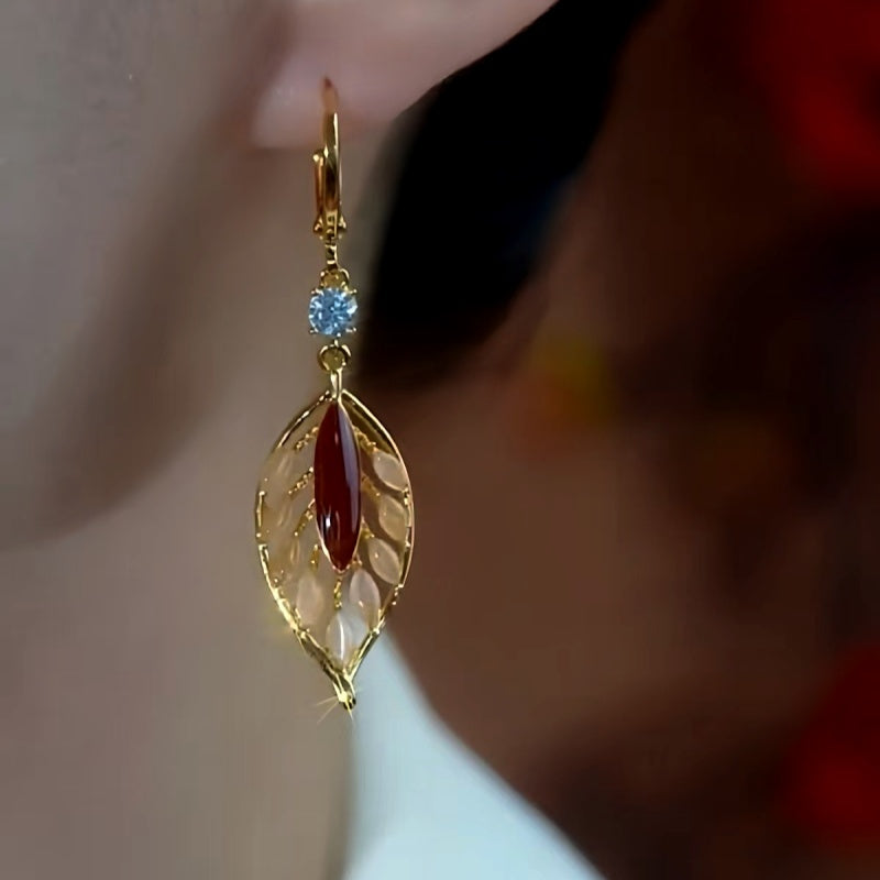 14K Gold-Plated Cat's Eye Stone Diamond Leaf Earrings