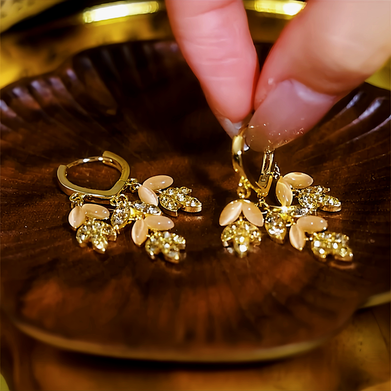 14K Gold-Plated Cat's Eye Stone Diamond Leaf Tassel Earrings
