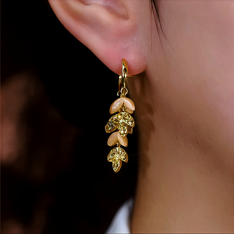 14K Gold-Plated Cat's Eye Stone Diamond Leaf Tassel Earrings
