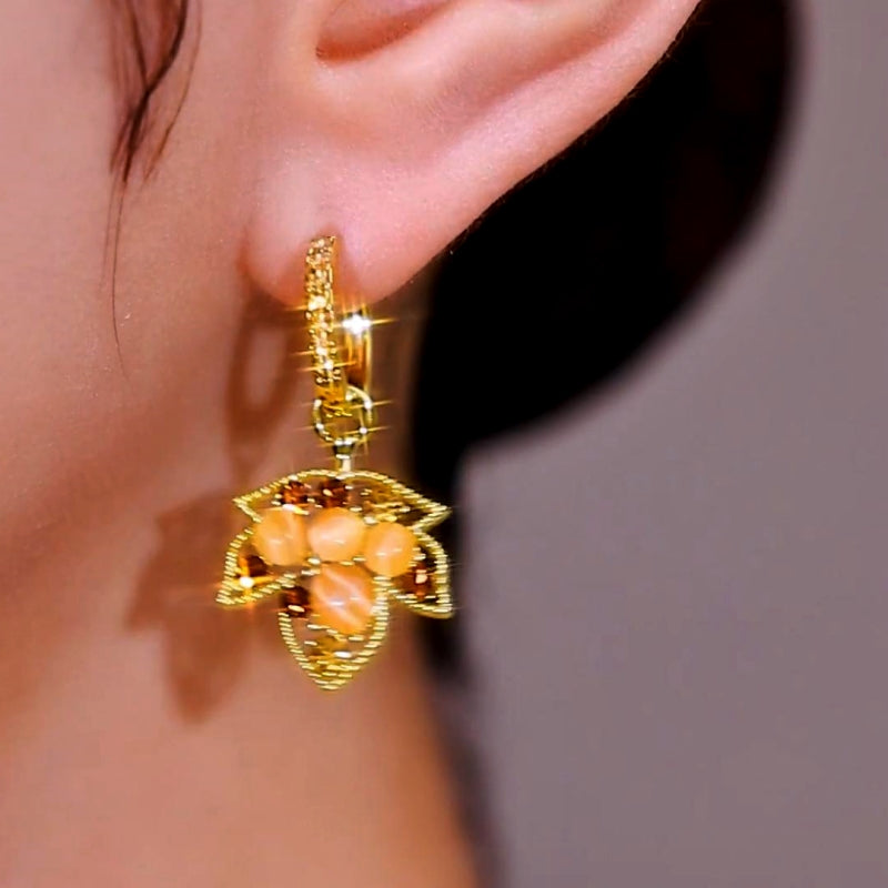 14K Gold-Plated Cat's Eye Stone Diamond Maple Leaf Earrings