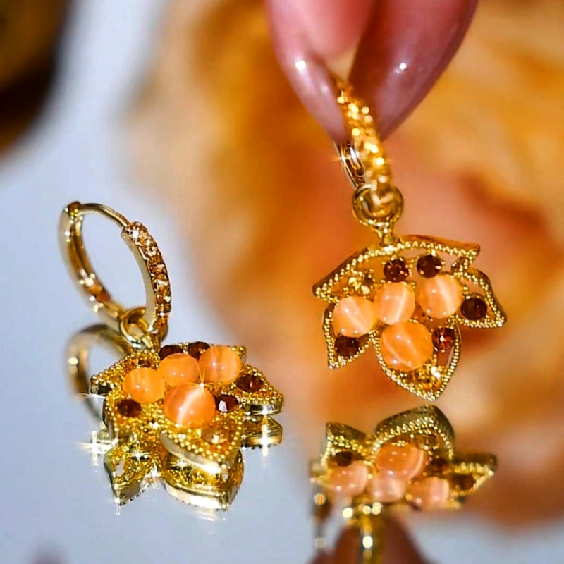 14K Gold-Plated Cat's Eye Stone Diamond Maple Leaf Earrings