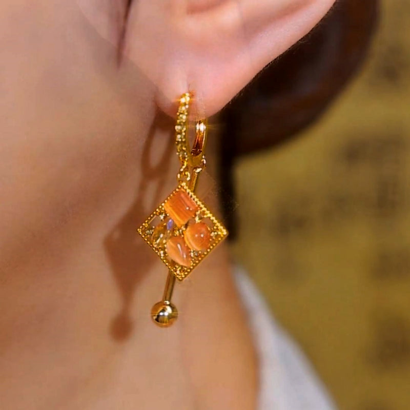 14K Gold-Plated Cat's Eye Stone Diamond Water Drop Earrings