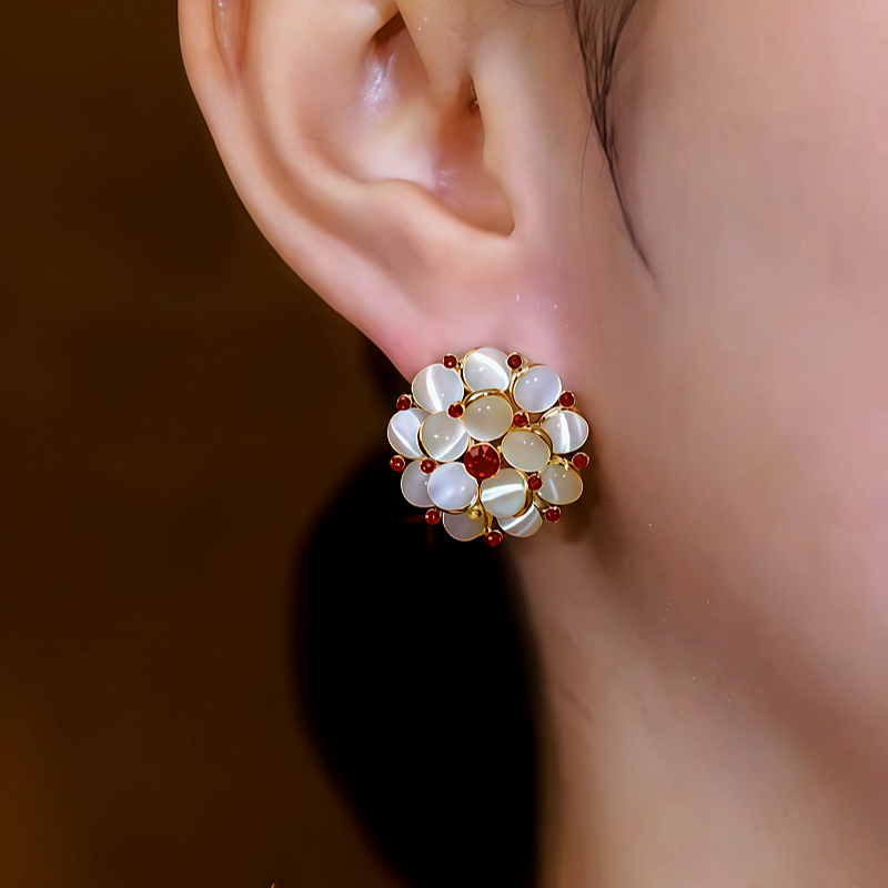 14K Gold-Plated Cat's Eye Stone Flower Stud Earrings