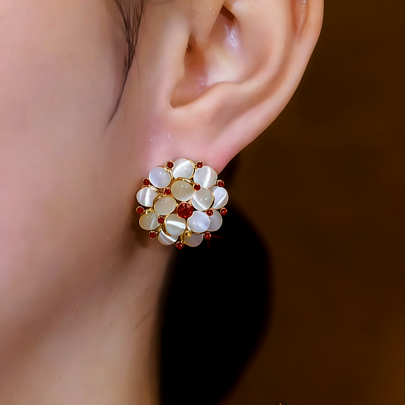 14K Gold-Plated Cat's Eye Stone Flower Stud Earrings