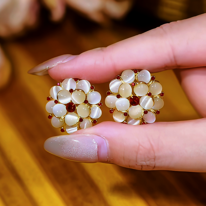 14K Gold-Plated Cat's Eye Stone Flower Stud Earrings