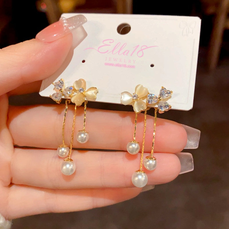 14K Gold-Plated Cat's Eye Stone Flower Tassel Earrings