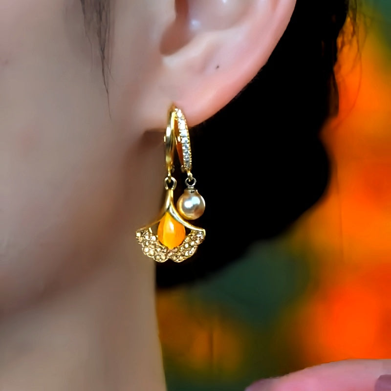 14K Gold-Plated Cat's Eye Stone Ginkgo Leaf Earrings