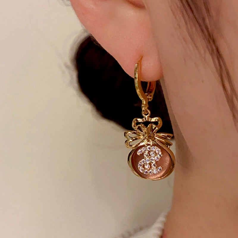 14K Gold-Plated Cat's Eye Stone Lucky $ Bag Earrings