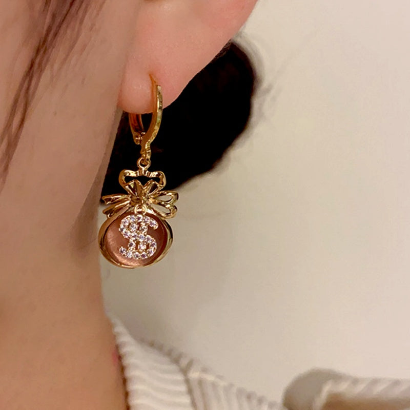 14K Gold-Plated Cat's Eye Stone Lucky $ Bag Earrings