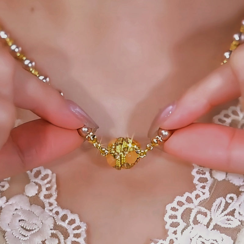 14K Gold-Plated Cat's Eye Stone Magnetic Pearl Necklace