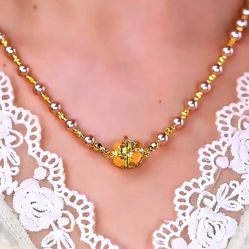 14K Gold-Plated Cat's Eye Stone Magnetic Pearl Necklace
