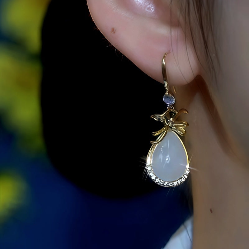 14K Gold-Plated Cat's Eye Stone Purse Ear Hook Earrings