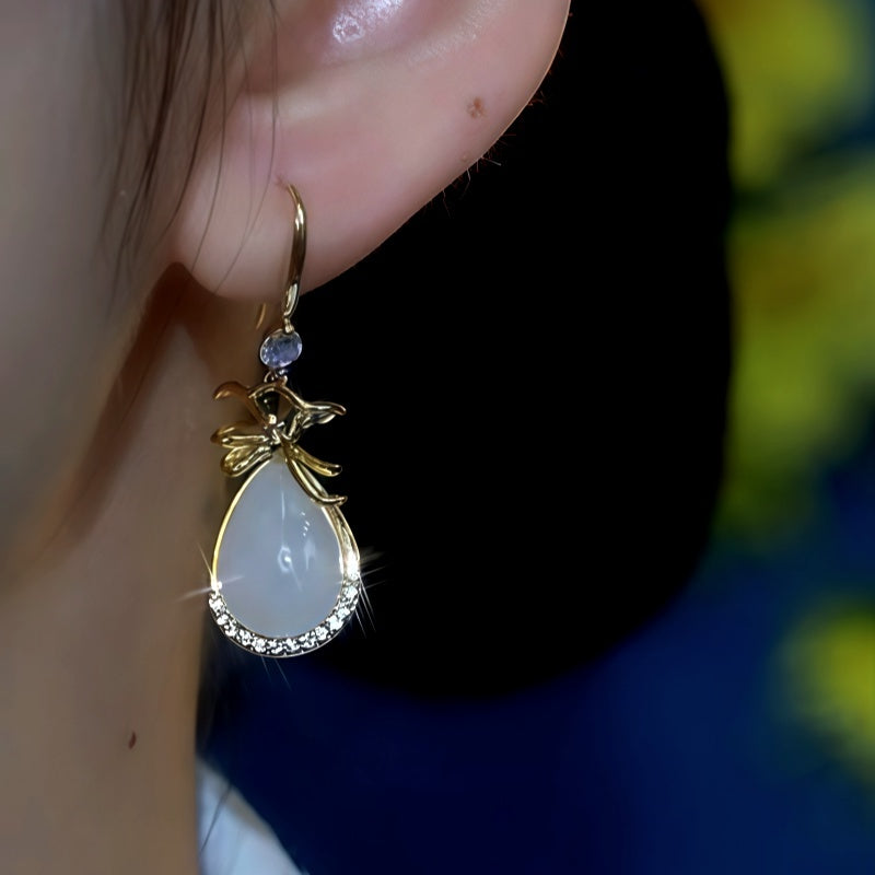 14K Gold-Plated Cat's Eye Stone Purse Ear Hook Earrings