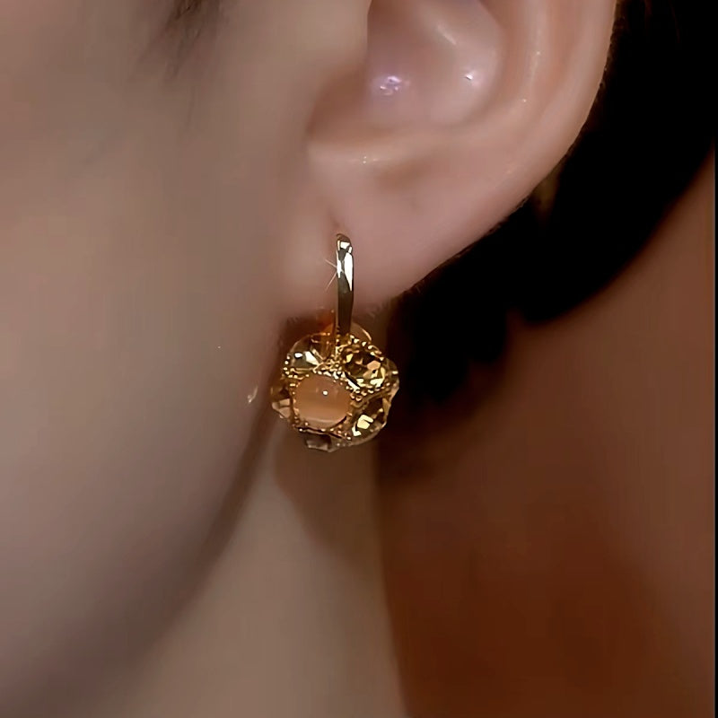 14K Gold-Plated Cat's Eye Stone Zircon Diamond Ball Earrings