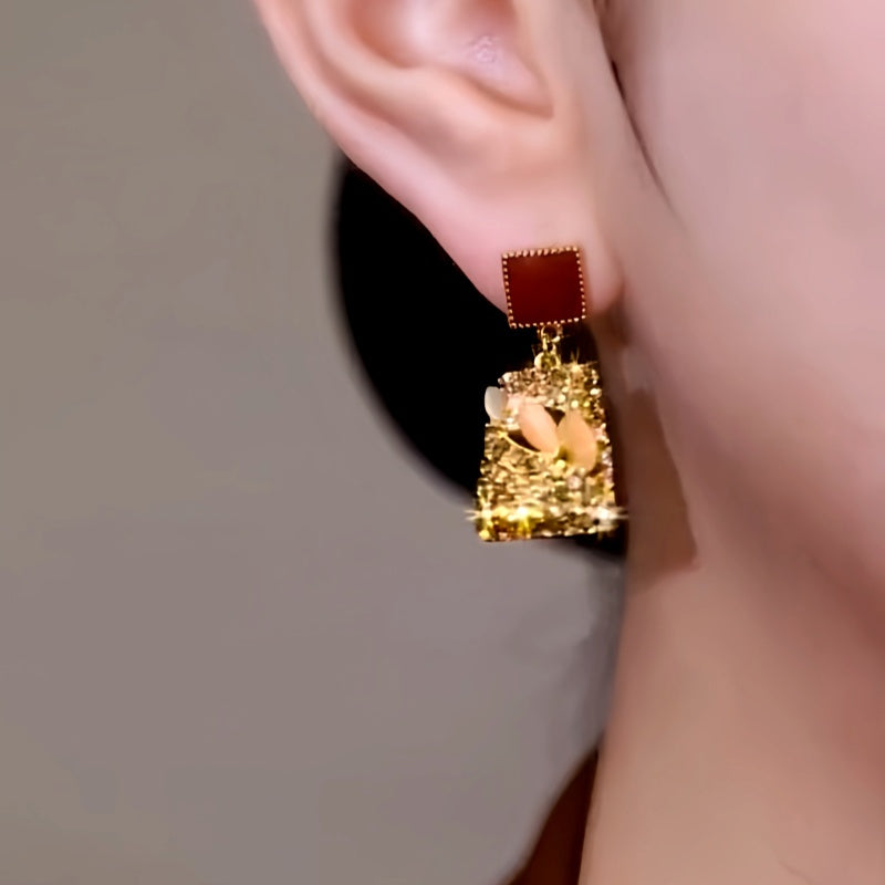 14K Gold-Plated Cat's Eye Stone Zircon Diamond Cube Earrings