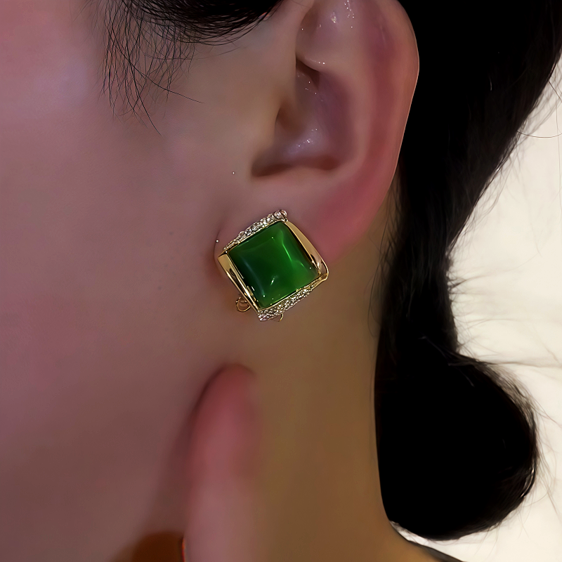 14K Gold-Plated Cat's Eye Stone Zircon Diamond Stud Earrings