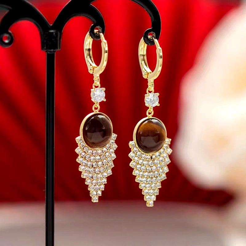 14K Gold-Plated Classic Brown Water Drop Tassel Earrings