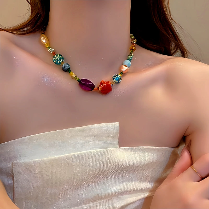 14K Gold-Plated Colorful Beaded Star Necklace