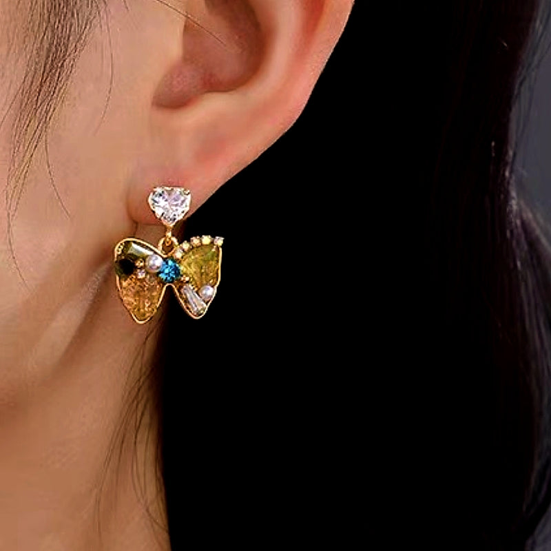 14K Gold-Plated Colorful Crystal Pearl Bow Earrings