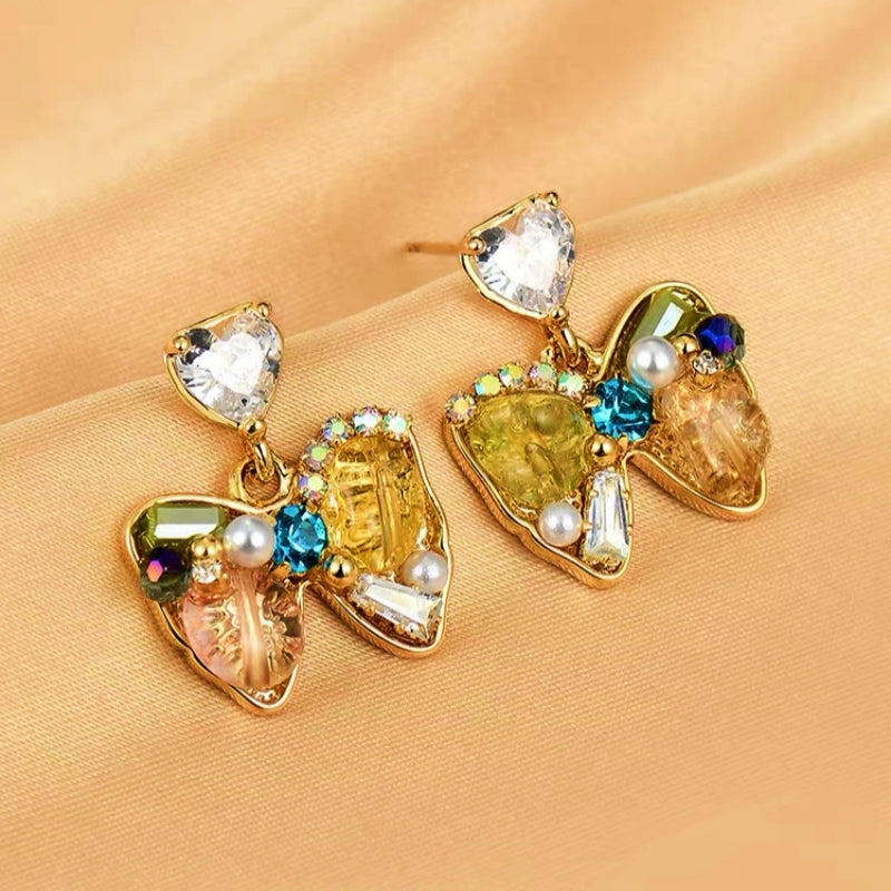 14K Gold-Plated Colorful Crystal Pearl Bow Earrings