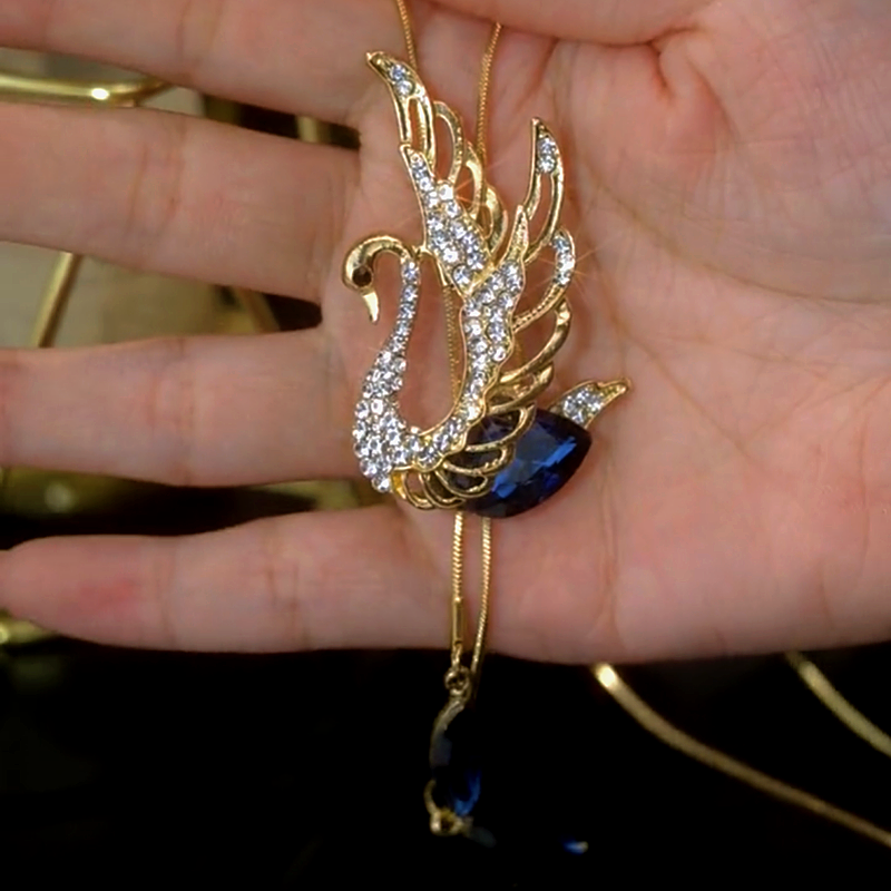 14K Gold-Plated Crystal Swan Sweater Necklace