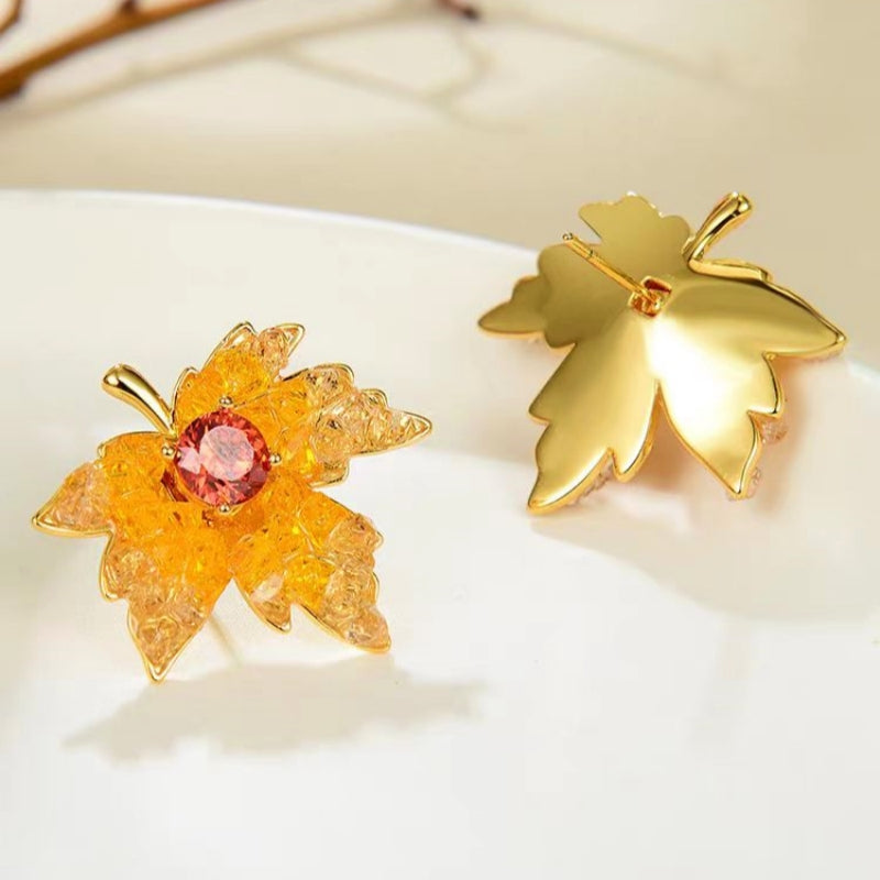 14K Gold-Plated Crystal Zircon Maple Leaf Stud Earrings
