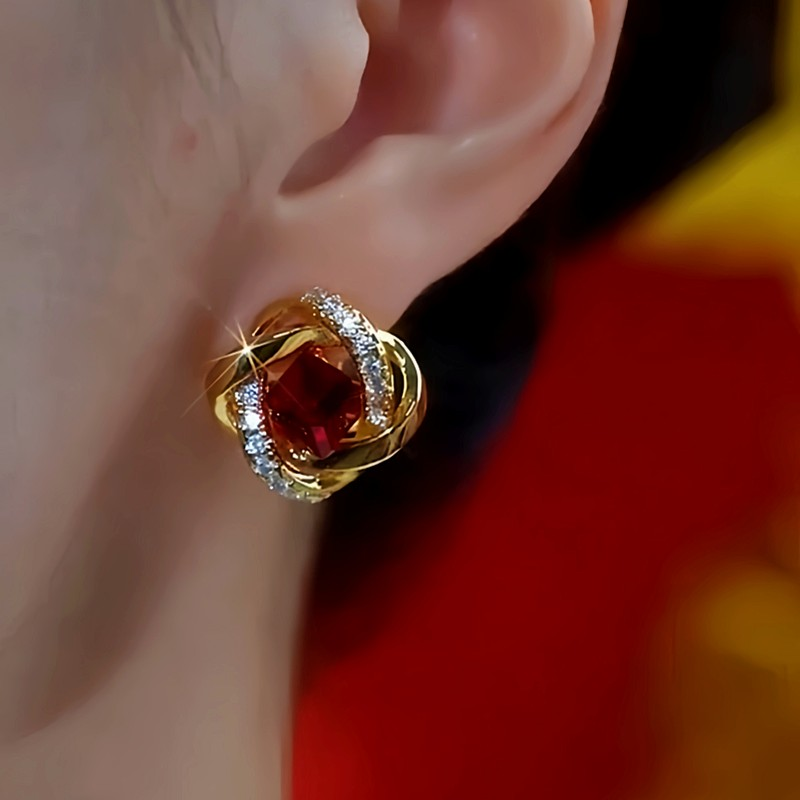 14K Gold-Plated Diamond-Encrusted Red Crystal Stud Earrings